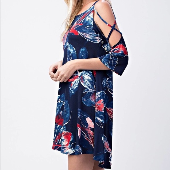 Eclipse Women's Blue Multi Floral Floral Strappy Cold Shoulder Swing Dress sz S - Picture 2 of 4